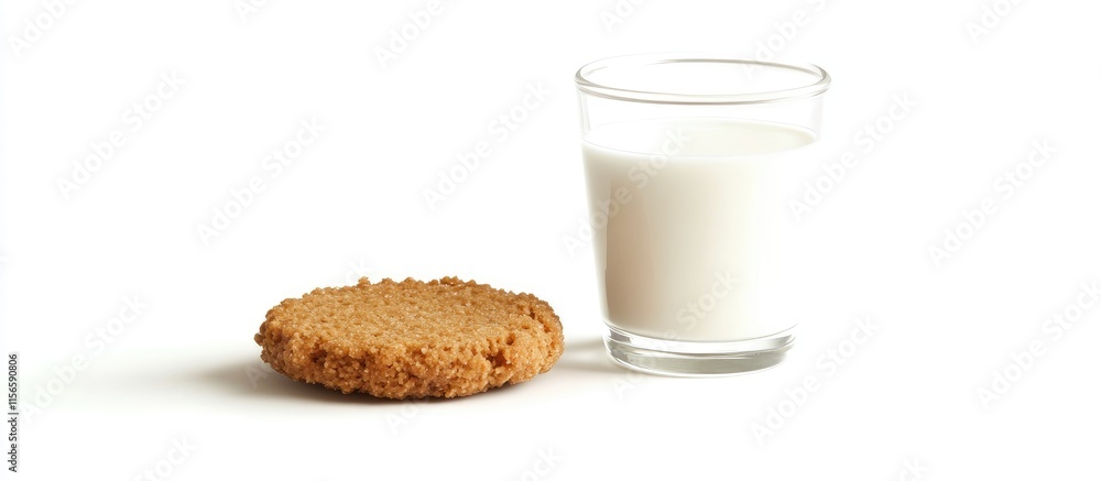 Milk and cookie on white background with ample space for text perfect for advertising or promotional materials Milk and cookie on white background with ample space for text perfect for advertising or promotional materials