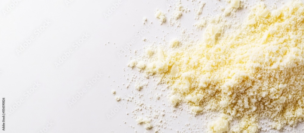 Freshly Grated Parmesan Cheese Pile on White Surface with Blank Space for Culinary Text or Recipe Ingredients Freshly Grated Parmesan Cheese Pile on White Surface with Blank Space for Culinary Text or Recipe Ingredients