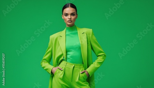 Young Fashion Woman in Green Trendy Outfit on Green Background Generative AI