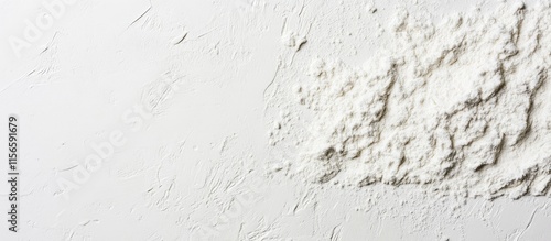 Flour scattered on a white kitchen countertop with ample space for text or design elements in a bright cooking environment photo