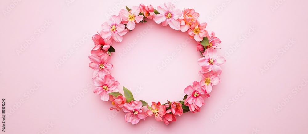 Floral wreath of tulip flowers on pink backdrop with empty space for text ideal for invitations greeting cards and home decor projects Floral wreath of tulip flowers on pink backdrop with empty space for text ideal for invitations greeting cards and home decor projects
