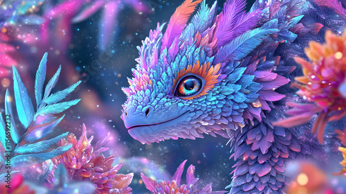 Vibrant fantasy creature amidst colorful flora in a whimsical setting photo