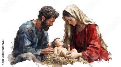 Nativity Scene with Mary, Joseph, and Jesus in Manger - Watercolor Illustration on White