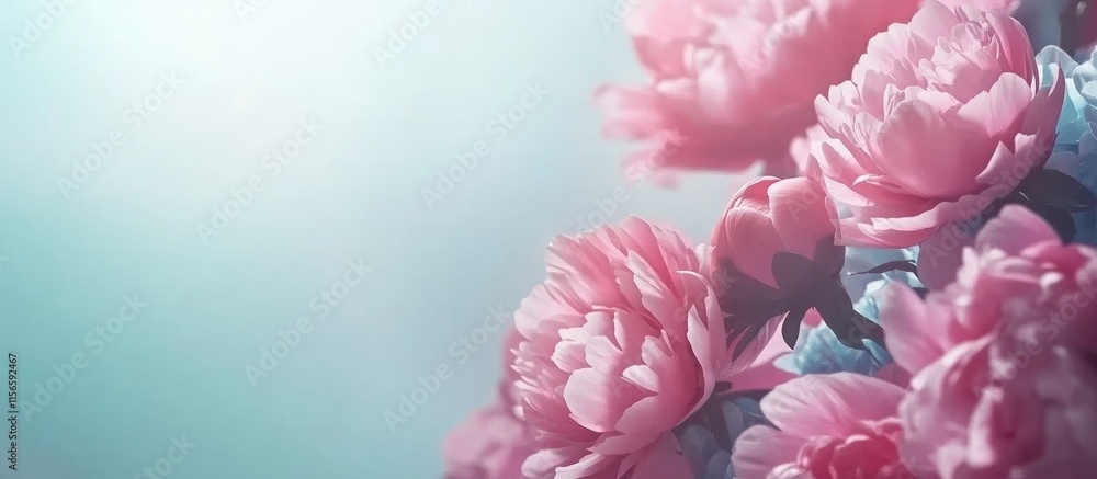 Elegant pink peony floral frame with soft blue background ideal for greeting cards and celebratory banners featuring blank text space. Elegant pink peony floral frame with soft blue background ideal for greeting cards and celebratory banners featuring blank text space.