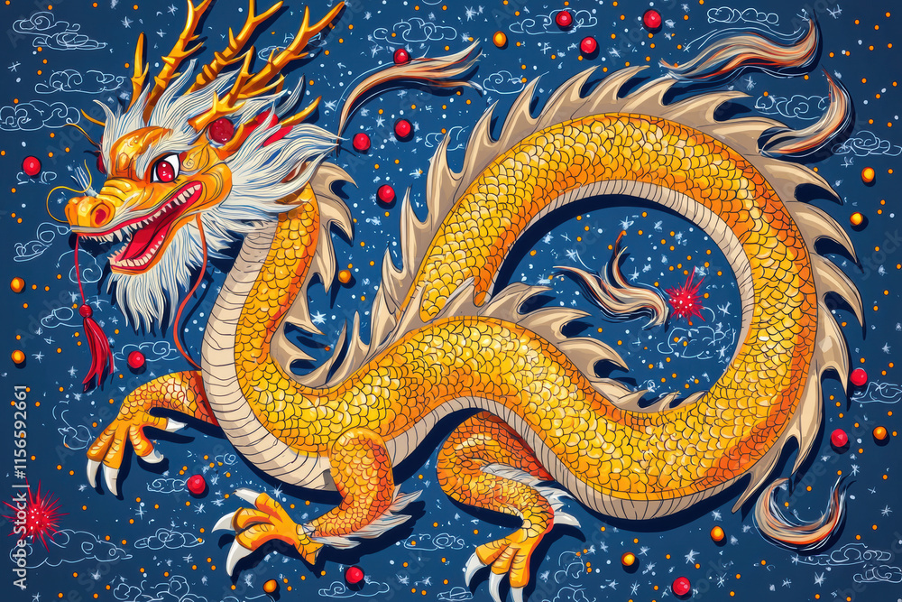 Fototapeta premium Golden dragon with fiery accents and ruby spark in celestial scene