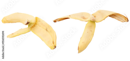 Two banana peels are shown, one of which is split in half photo