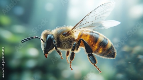 Close-up of a honeybee in flight, showcasing its intricate details and fuzzy body against a blurred background. photo