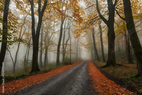 A natureal beauty of autumn alley with colorful leaves forming a tunnel photo