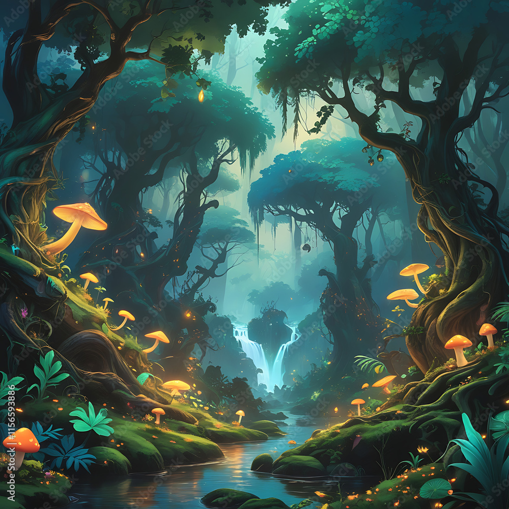 Fototapeta premium Exotic Forest with Strange and Beautiful mushroom. created by generative ai