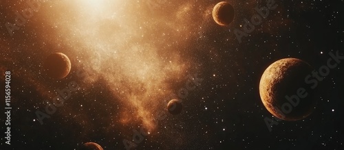 Majestic outer space scene featuring multiple planets and sparkling stars with vibrant cosmic clouds and ample room for text or design elements