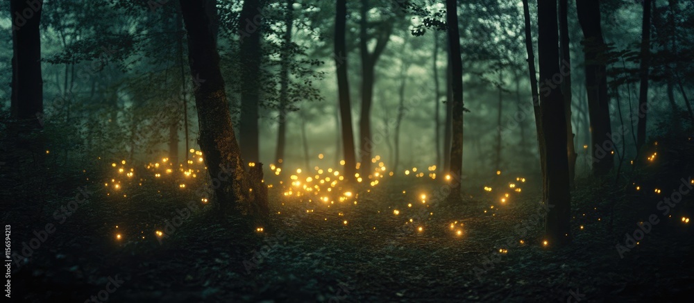 Naklejka premium Mystical forest scene with ethereal glowing lights at night creating a serene atmosphere and ample space for text overlay