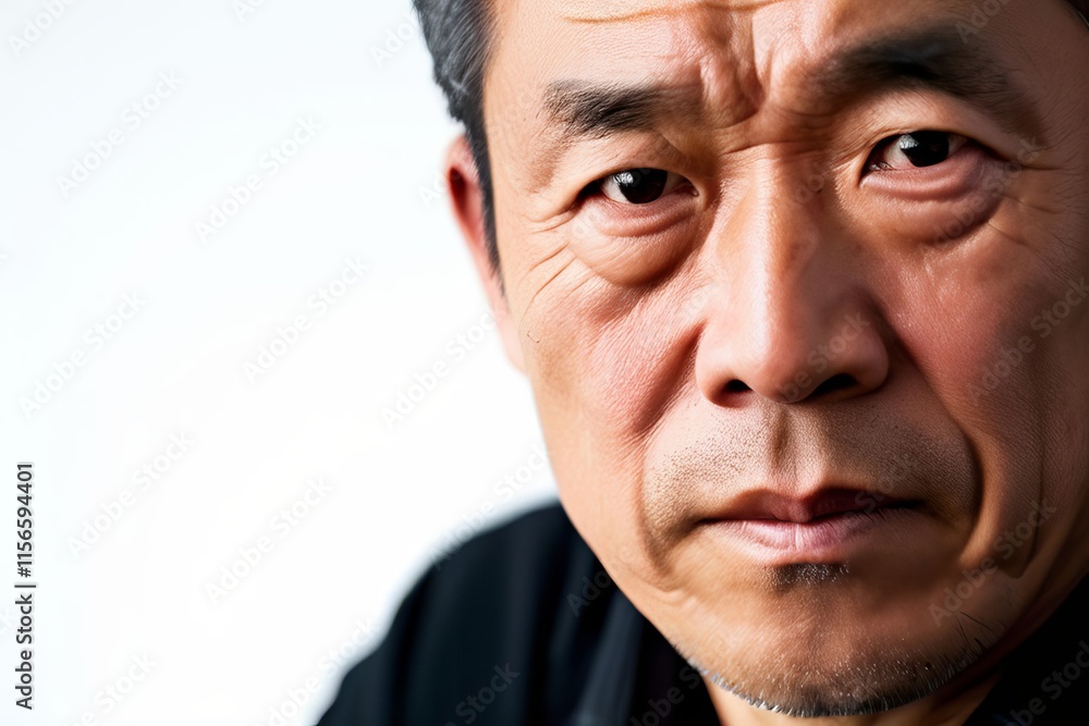 Obraz premium a close up of a middle aged asian man with a serious expression