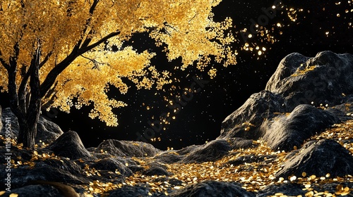 3D Wallpaper Night Landscape with Dark Golden Mountains and Trees

 photo