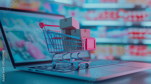 Wallpaper Mural Online shopping image with a laptop and a 3-d shopping cart. In the background, a pastel pink and blue supermarket.  Torontodigital.ca