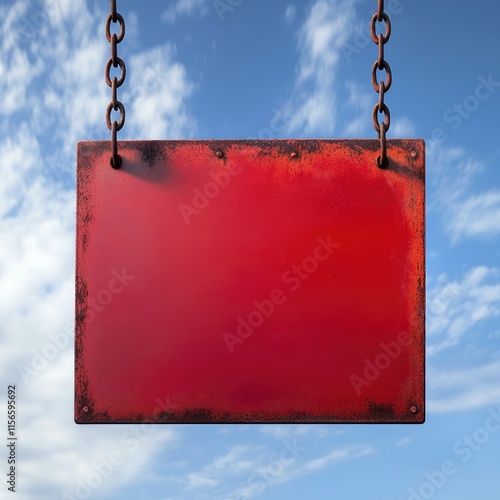 Rustic Red Sign Hanging Against a Blue Sky Ideal for Custom Text or Promotional Messaging in a Risk Free Return Guarantee Context photo