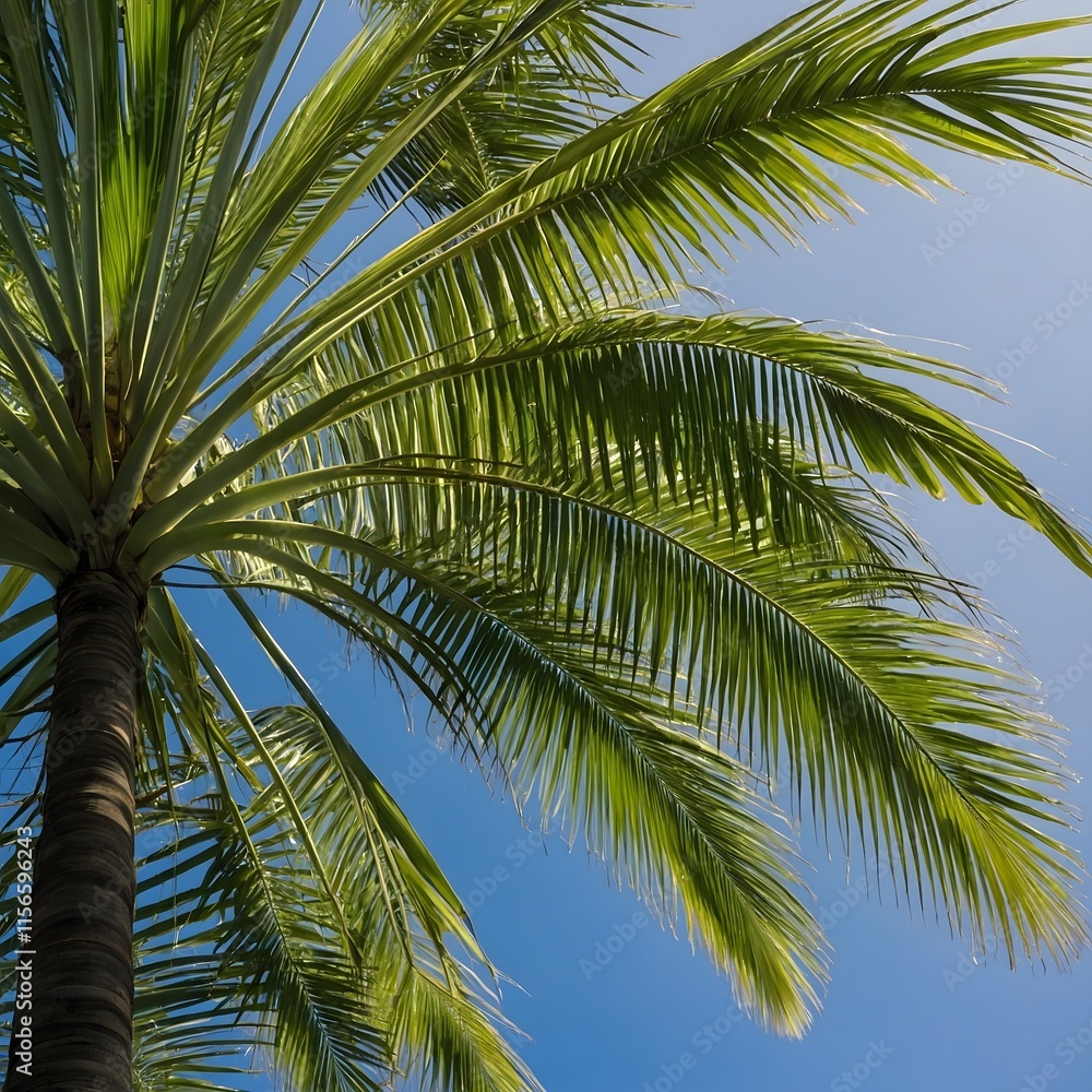 Skyward Beauty: Queen Palm Leaves Reaching Toward a Crisp Blue Horizon Skyward Beauty: Queen Palm Leaves Reaching Toward a Crisp Blue Horizon