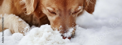 Golden retriever enjoying food in a snowy environment with ample space for text overlay or additional graphics photo