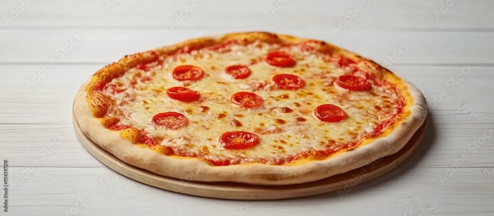 Traditional tomato and cheese pizza on wooden table with cozy kitchen backdrop showcasing inviting atmosphere and space for text insertion Traditional tomato and cheese pizza on wooden table with cozy kitchen backdrop showcasing inviting atmosphere and space for text insertion