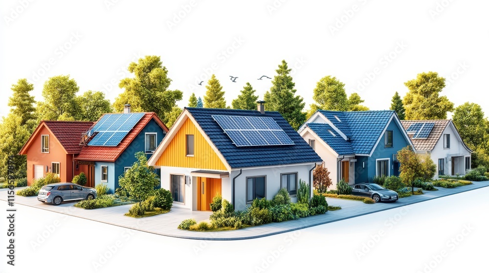 A vibrant row of eco-friendly houses with solar panels, surrounded by greenery, showcasing modern architecture and sustainable living. A vibrant row of eco-friendly houses with solar panels, surrounded by greenery, showcasing modern architecture and sustainable living.
