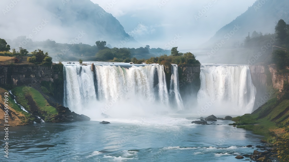 Naklejka premium A grand waterfall that splits into multiple streams before hitting the river below. The waterfall is surrounded by lush greenery and has a misty atmosphere. The river below is clear and flowing swiftl