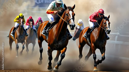 Jockeys race their horses down a dirt track, kicking up dust as they battle for the lead in a thrilling competition photo