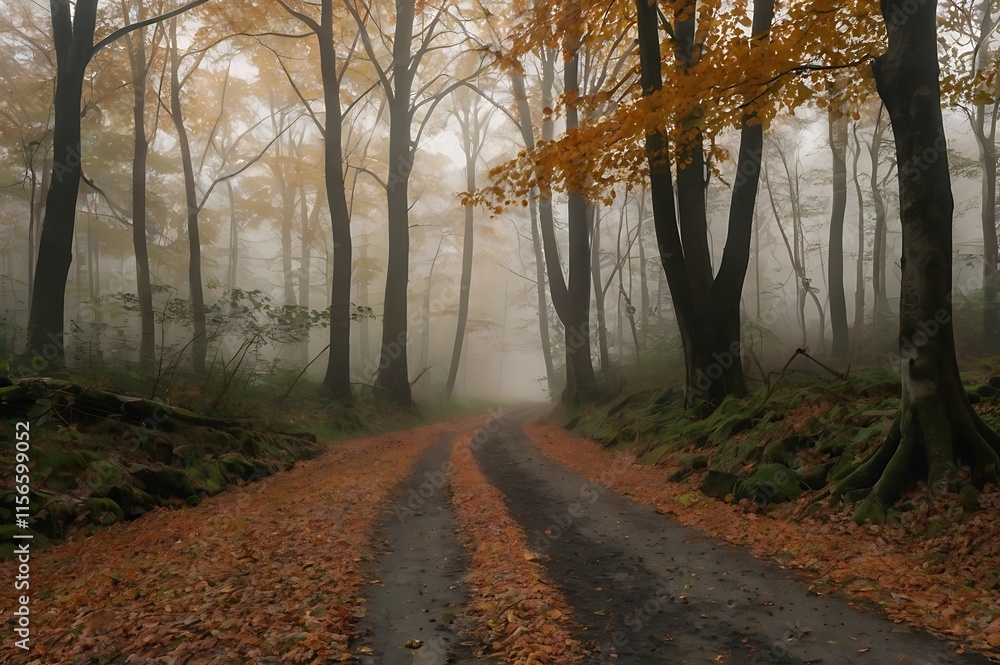 Fototapeta premium A natureal beauty of autumn alley with colorful leaves forming a tunnel