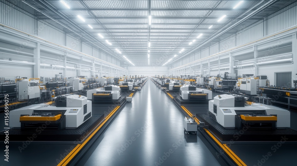 Fototapeta premium A modern, spacious manufacturing facility filled with advanced machinery, showcasing an organized layout and bright lighting.