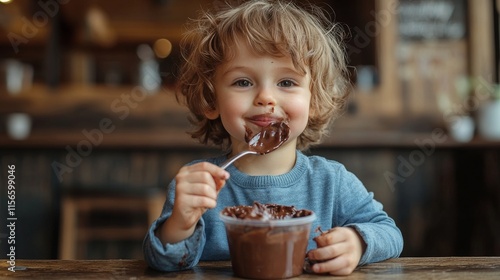 Toddler enjoying chocolate pudding