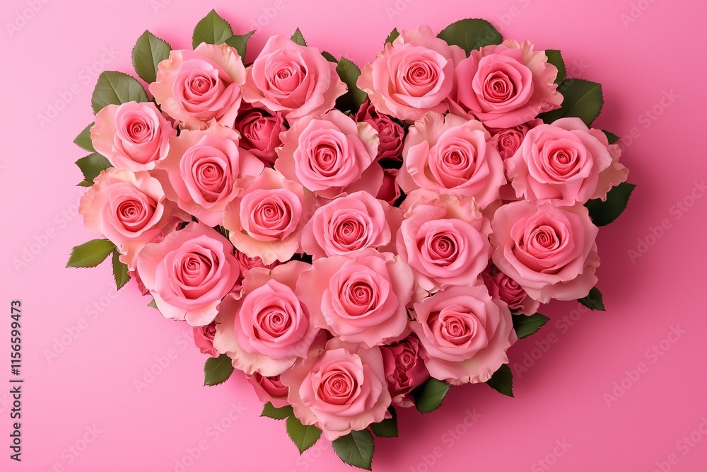 Pink Roses Arranged in a Heart Shape on Pink Background – Valentine’s Day Love Theme with Copy Space Pink Roses Arranged in a Heart Shape on Pink Background – Valentine’s Day Love Theme with Copy Space