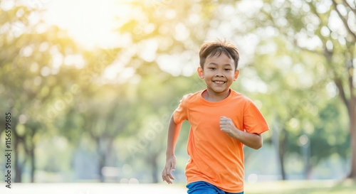 Joyful asian child running outdoors in sunlit park for fitness and playtime photo