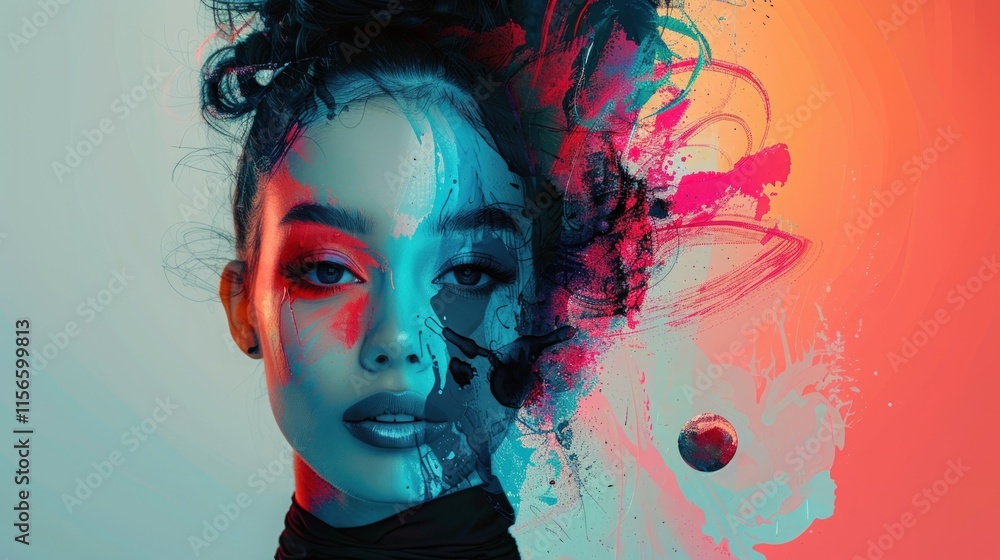 Abstract portrait of a woman with vibrant paint splashes. Abstract portrait of a woman with vibrant paint splashes.