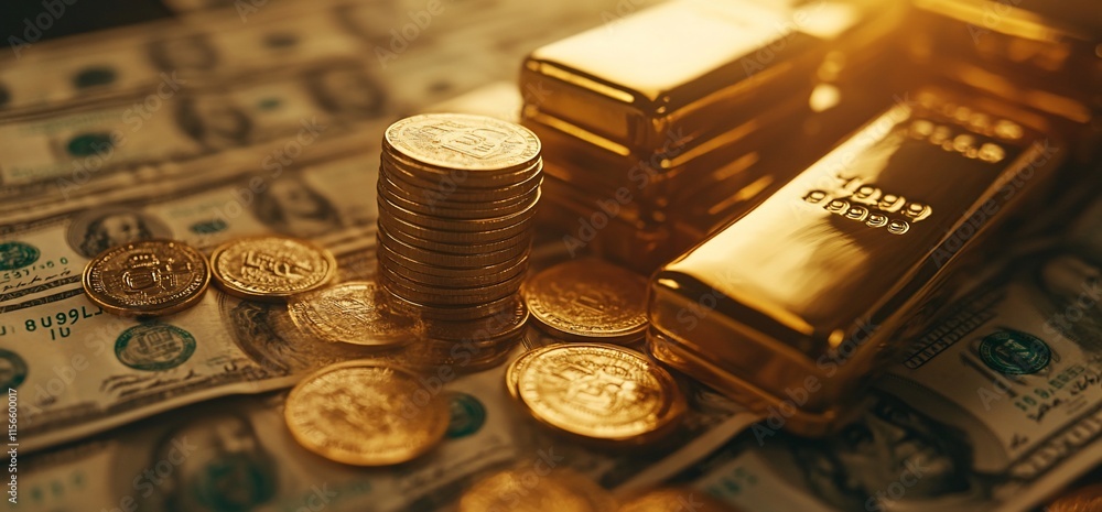 A collection of gold bars and coins on a background of dollar bills. A collection of gold bars and coins on a background of dollar bills.