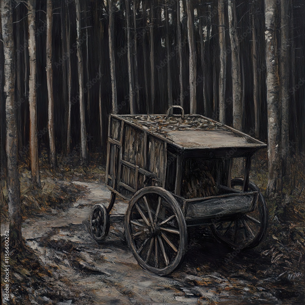 Fototapeta premium Vintage Cart in a Dark Forest: An Enigmatic Landscape