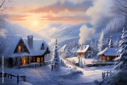 a quiet village nestled in a snowy valley a peaceful village nes photo