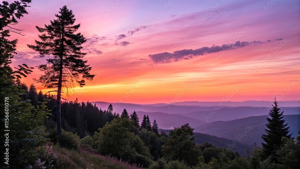 Serene mountain sunset with vibrant colors and silhouettes Serene mountain sunset with vibrant colors and silhouettes