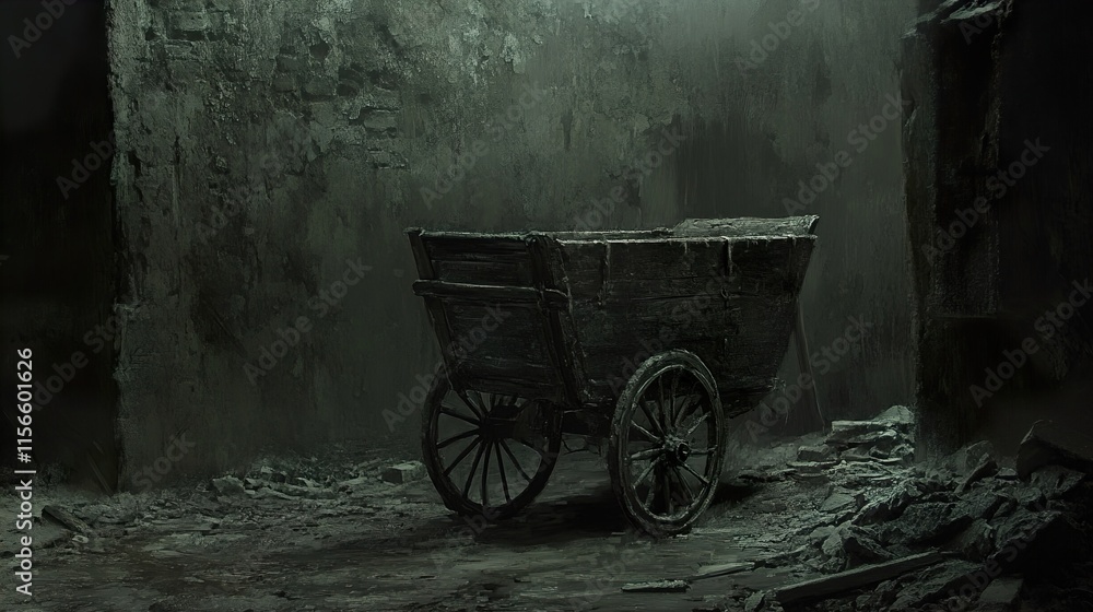 Forgotten Cart in Crumbling Ruins: A Dark, Atmospheric Image Forgotten Cart in Crumbling Ruins: A Dark, Atmospheric Image