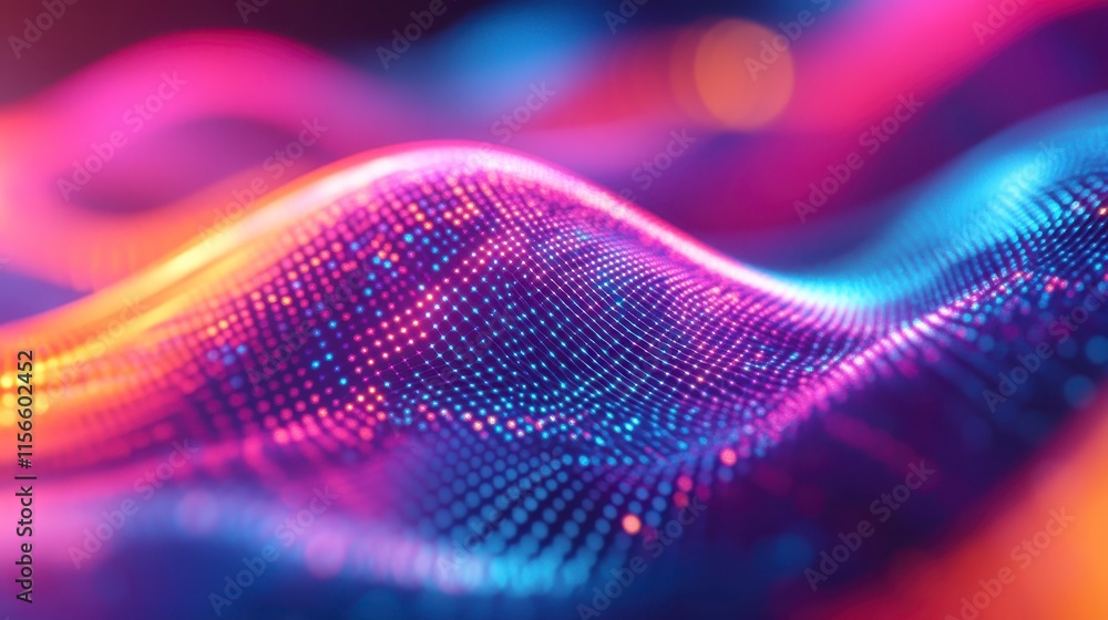 A vibrant, abstract visualization of flowing waves in hues of pink and blue, showcasing a digital landscape with a sense of movement and depth.