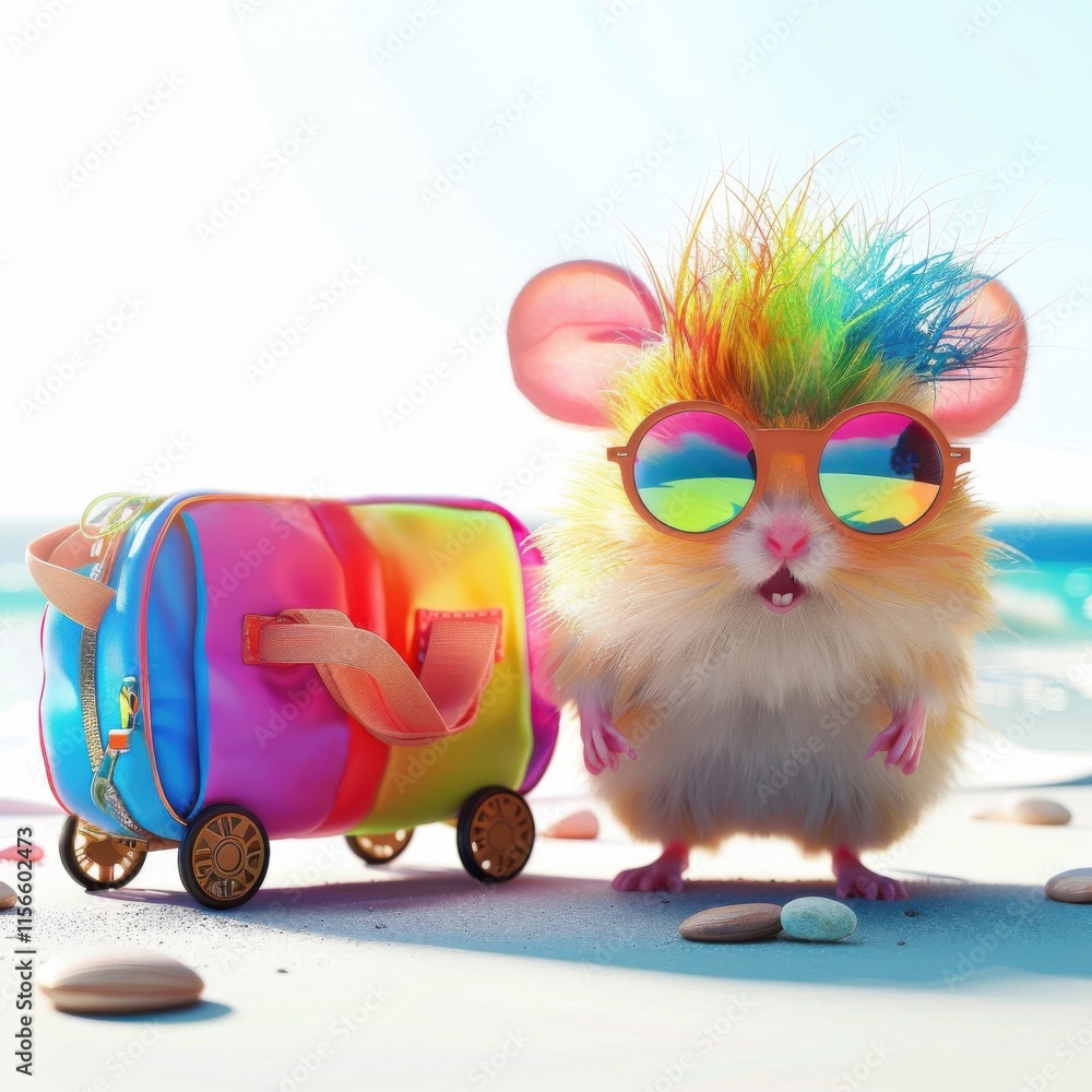Naklejka premium Cute funny hamster with colorful hair and sunglasses by a colorful suitcase at the beach