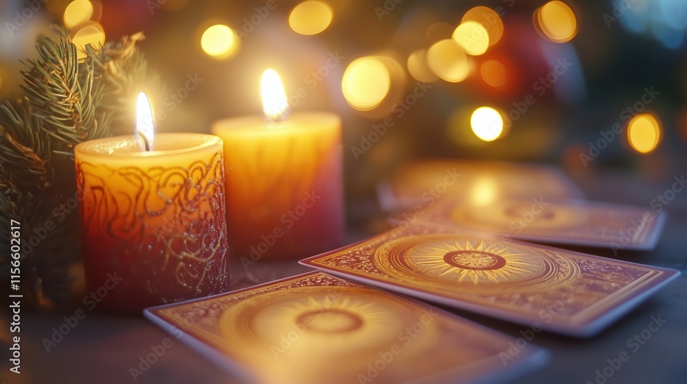 Tarot cards illuminated by burning candles during christmas holiday season Tarot cards illuminated by burning candles during christmas holiday season