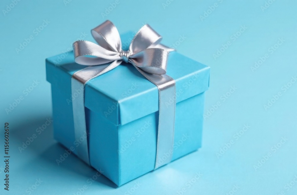 Blue gift box with silver ribbon on blue background Blue gift box with silver ribbon on blue background