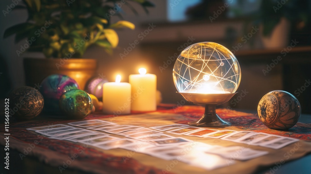 Crystal ball illuminating tarot cards on fortune teller table with candles Crystal ball illuminating tarot cards on fortune teller table with candles