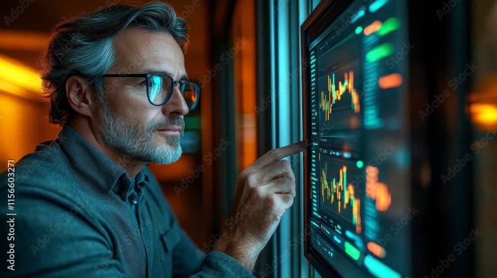 A focused man analyzes data on a digital screen, pointing at fluctuating graphs in a dimly lit environment. A focused man analyzes data on a digital screen, pointing at fluctuating graphs in a dimly lit environment.