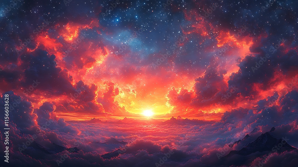 Fiery Sunset Above Cloud Covered Mountains And Stars Fiery Sunset Above Cloud Covered Mountains And Stars