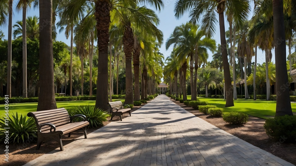 Shaded Avenue of Roystonea Oleracea Palms with Benches Along a Serene Park Pathway Shaded Avenue of Roystonea Oleracea Palms with Benches Along a Serene Park Pathway