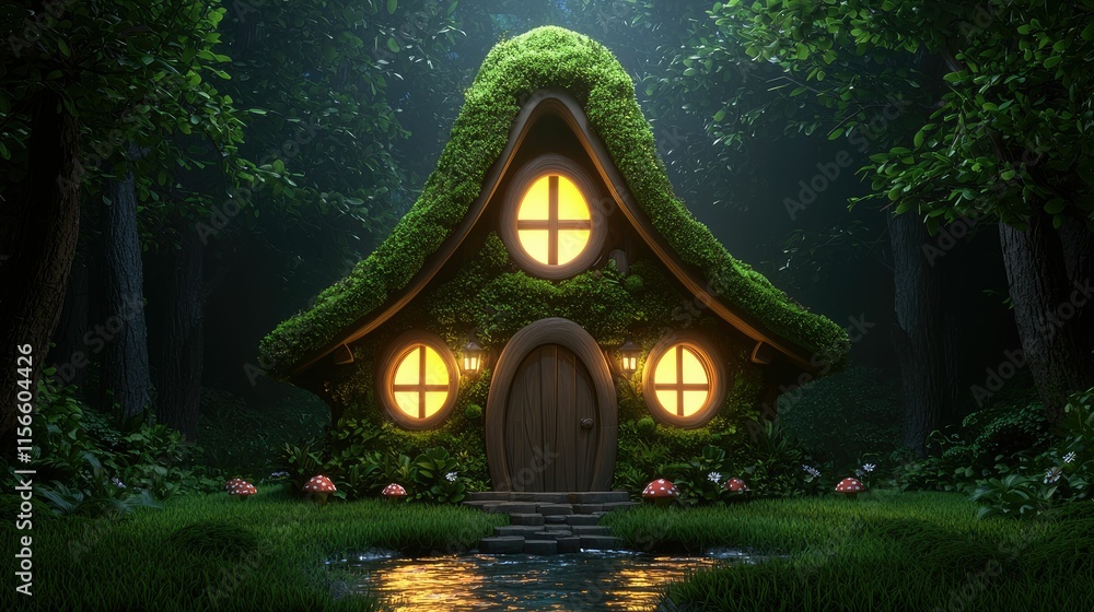 Fototapeta premium Enchanting mossy cottage nestled in a dark forest at night, illuminated windows, small stream.