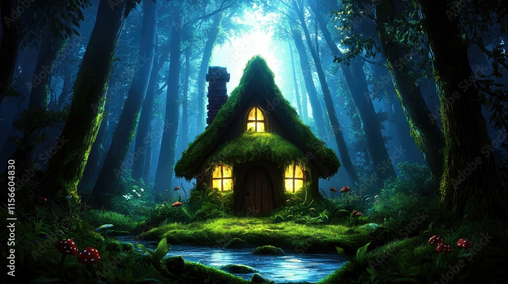 Fototapeta premium Enchanting moss-covered cottage nestled in a mystical, moonlit forest, illuminated windows, small stream.