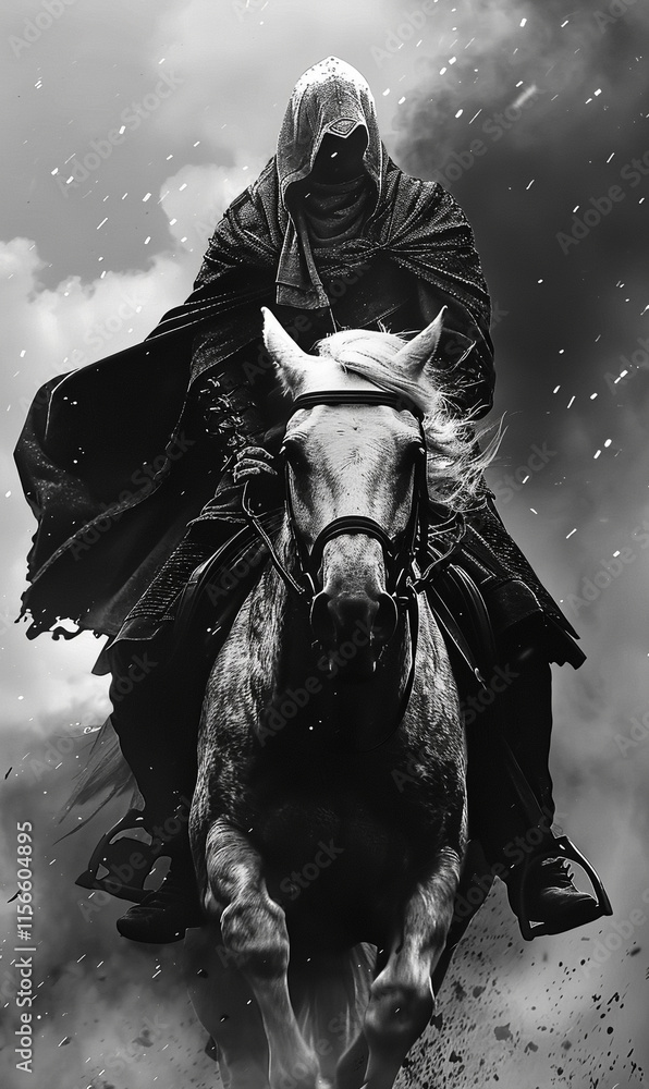 Fototapeta premium Black and White Hooded Horseman with Roman-Greek Flair