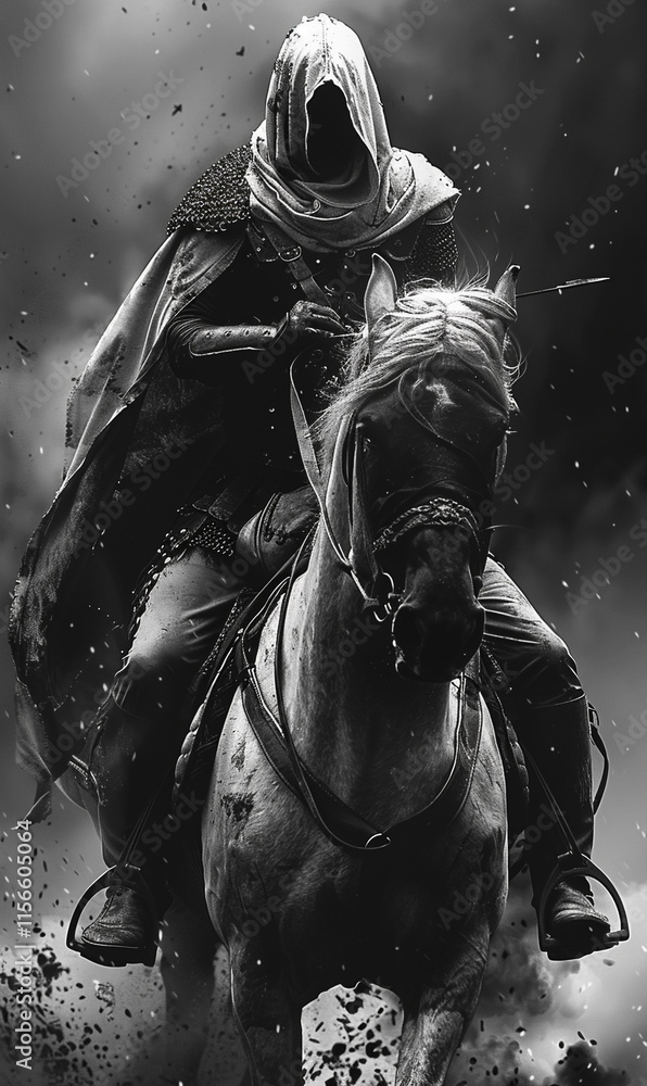 Naklejka premium Black and White Hooded Horseman with Roman-Greek Flair