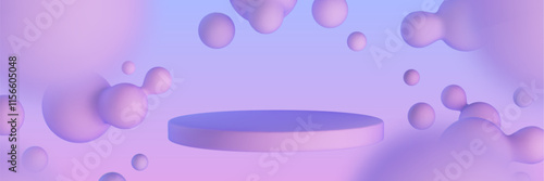 3d product display podium with purple gradient blob on background. Abstract fluid bubble render with platform in studio. Liquid flying air ball near floating premium pedestal. Beauty presentation