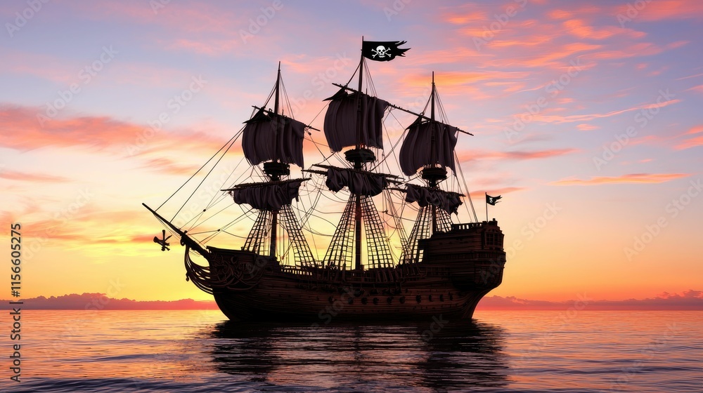 Obraz premium Silhouette of a pirate ship sailing at sunset.